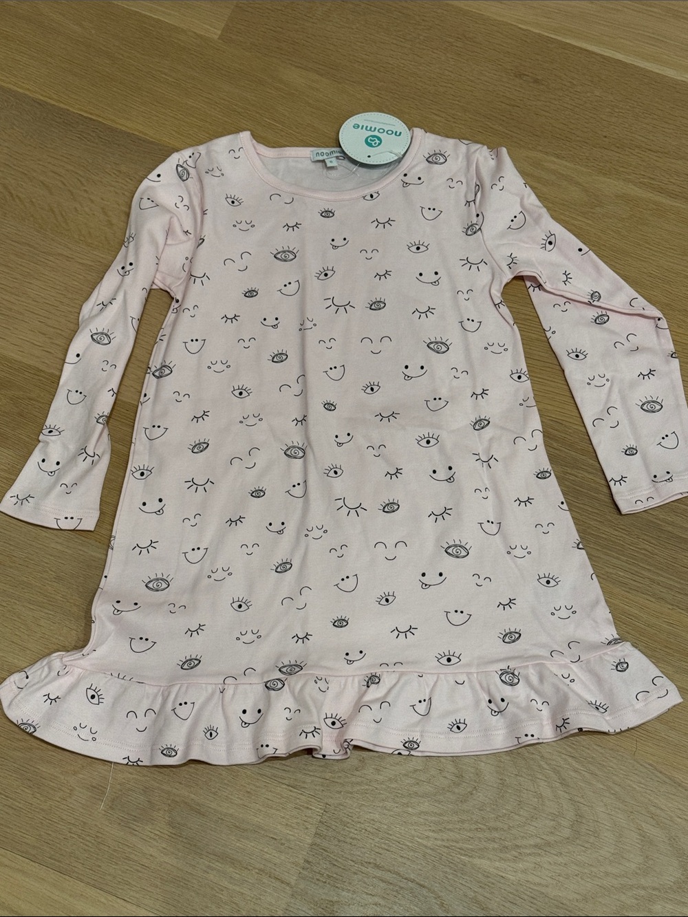 Pink Ruffle-Hem Kids' Long Sleeve Nightgown with Eye & Smile Print